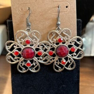 Earrings Silver Tone and Red